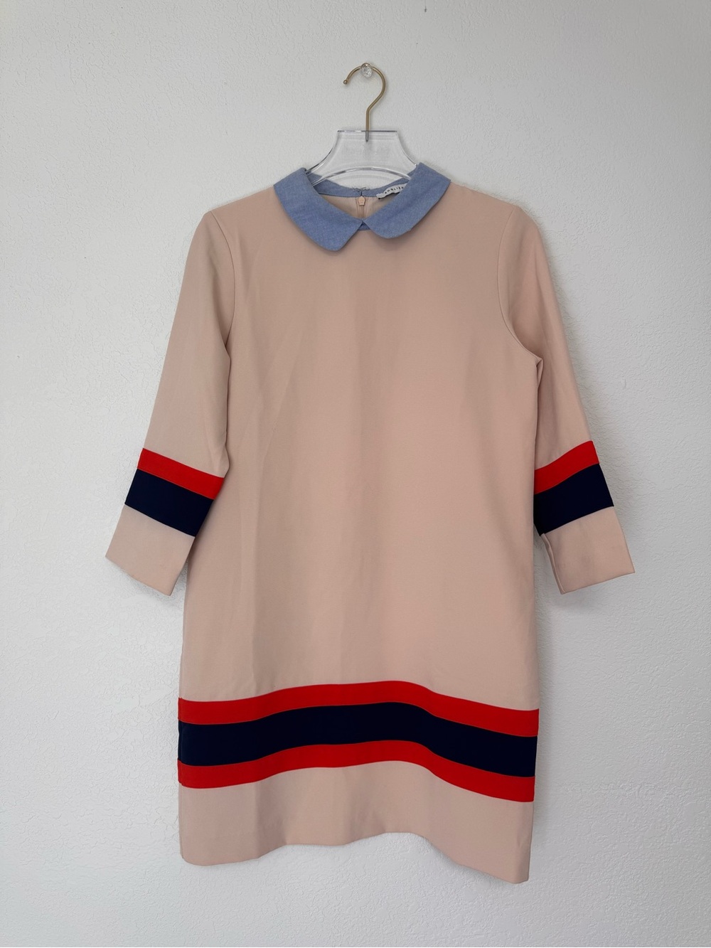 English Factory Beige Mini Dress with Blue Collar and Red & Navy Stripes
